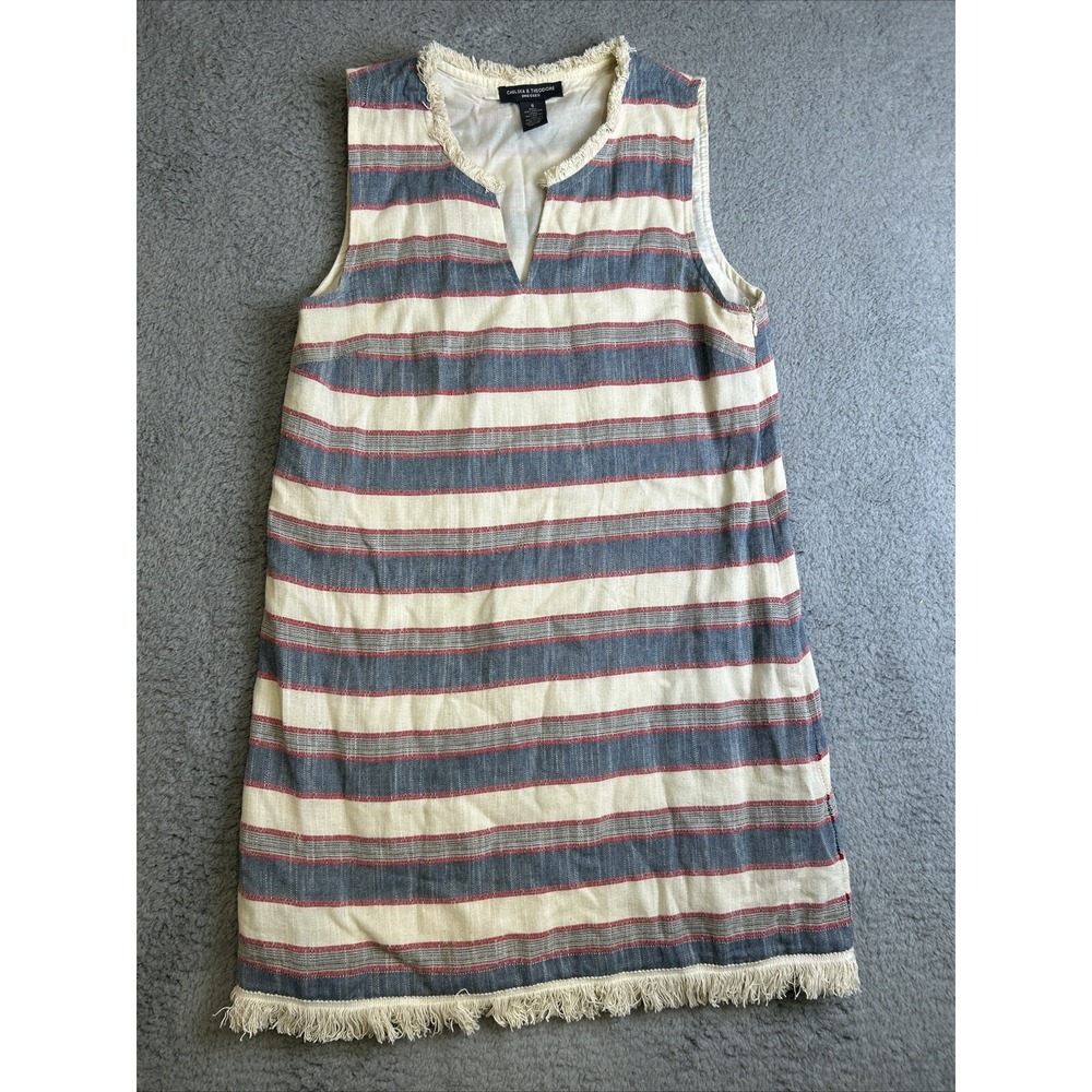 Chelsea & Theodore Dress Stripe Sleeveless Womens Sz 6 Fringe Boho V-neck Linen